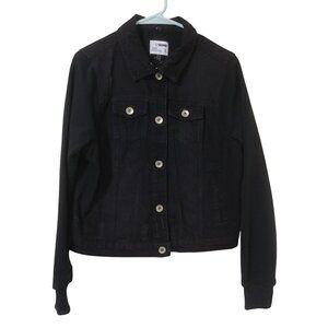 Ci Sono Black Denim Collection Jacket Womens Large Button Front Ribbed Sleeves